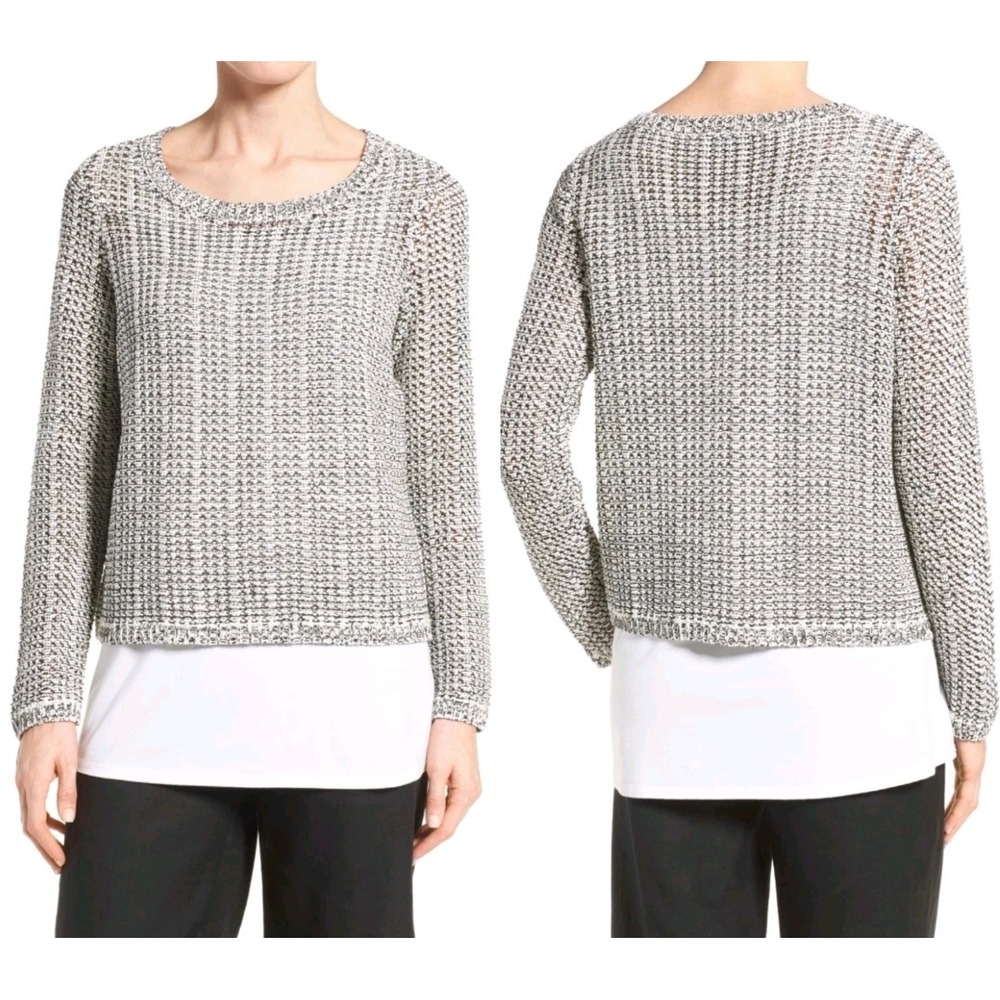 Eileen Fisher Organic Cotton Linen Marled Knit Scoop Neck Sweater Black White M